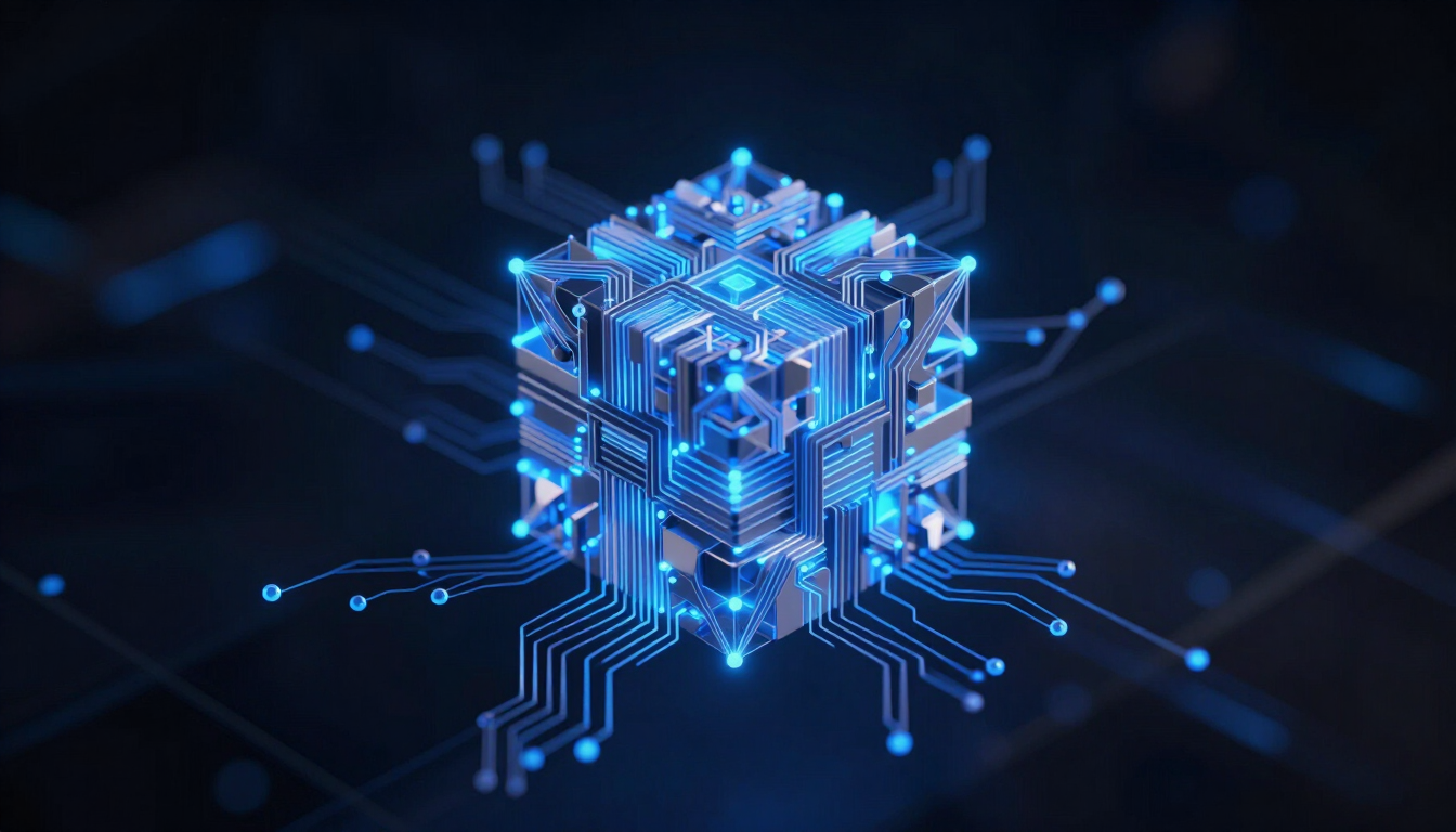 Abstract visualization of an AI neural core built by Abrentyx